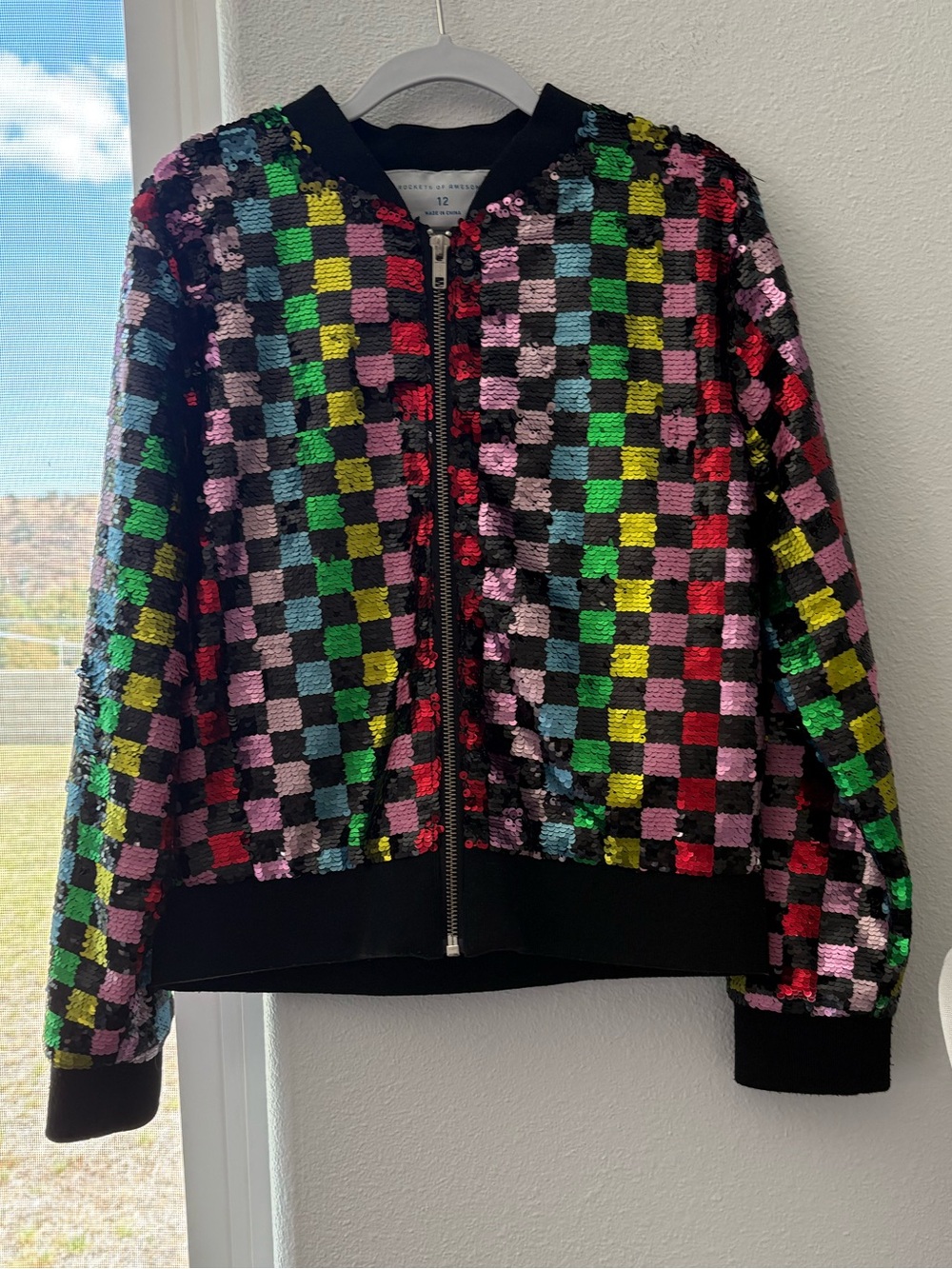 Rockets of Awesome Girl’s Sequined Checker Bomber Jacket